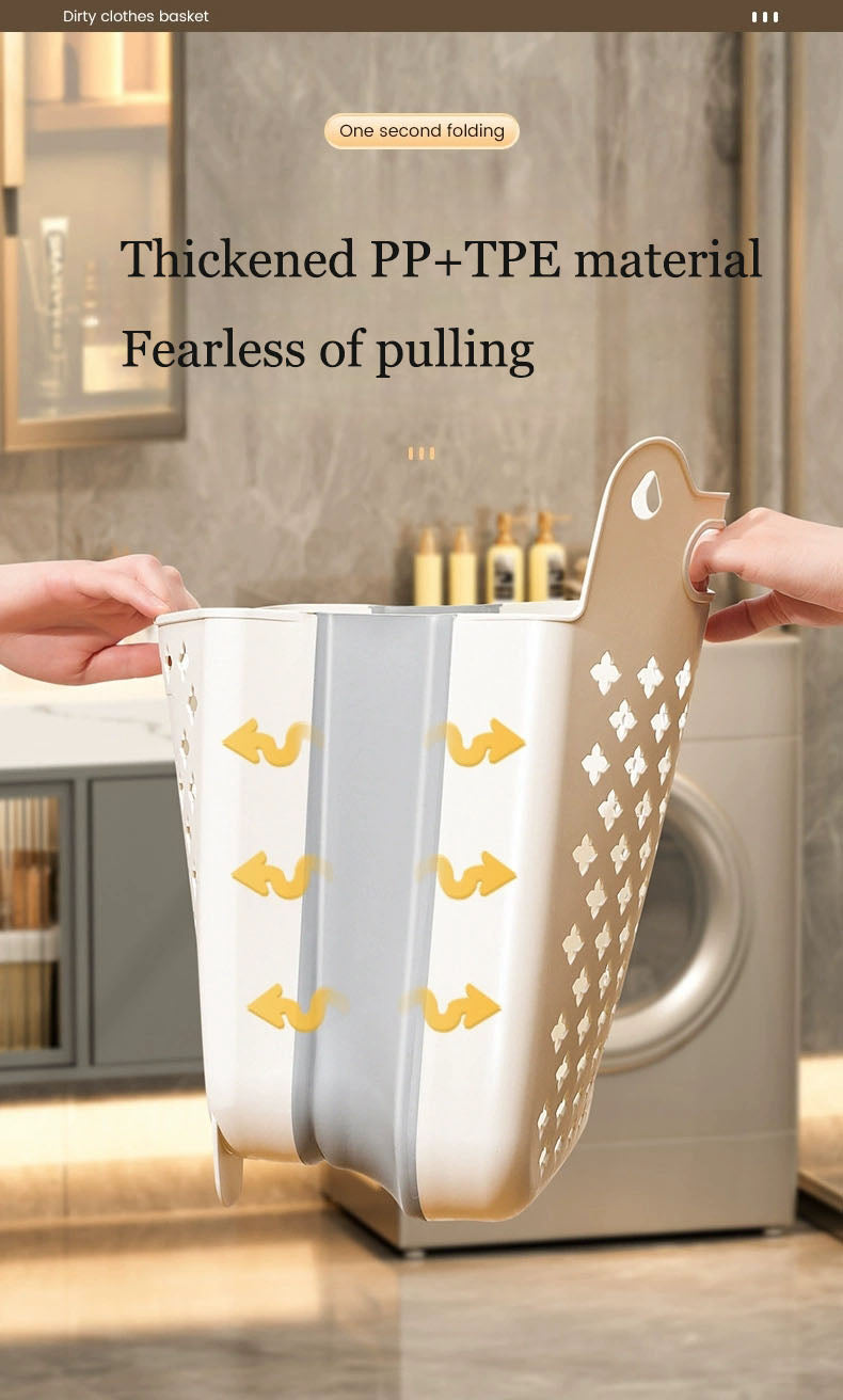Foldable wall hanging laundry basket by Cavira, minimalist plastic dirty clothes bin for bathroom or bedroom storage.