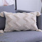 Hand embroidered bohemian cotton throw pillow cover by Cavira, minimalist woven cushion for sofa, bedroom, or living room decor.