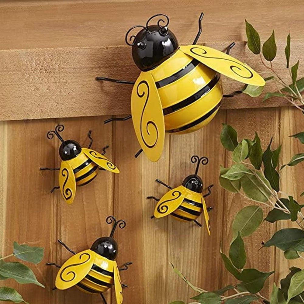 Set of four 3D metal Iron Bee wall art sculptures by Cavira, ideal for home, garden, or rustic farmhouse decor.