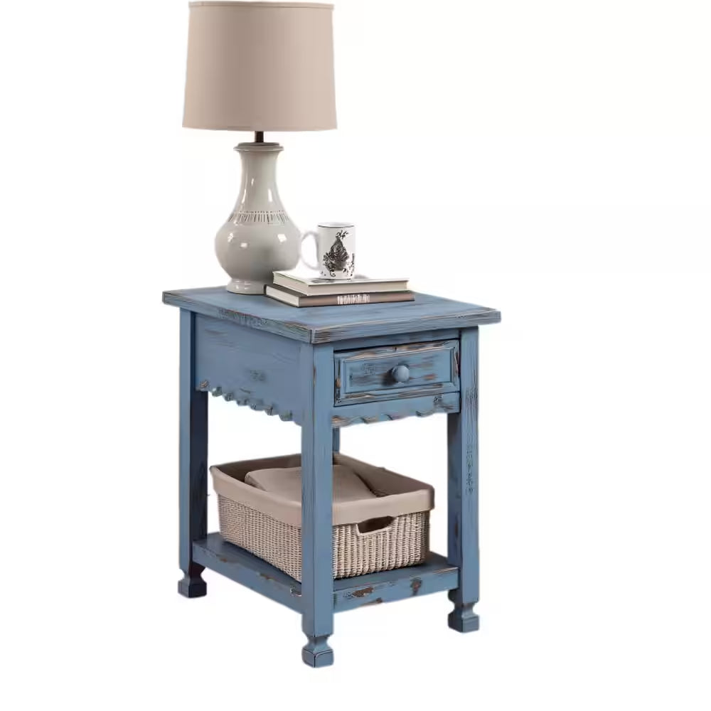 Antique Blue Farmhouse Wood End Table with Drawer – Rustic Rectangular Bedside Side Table Blue