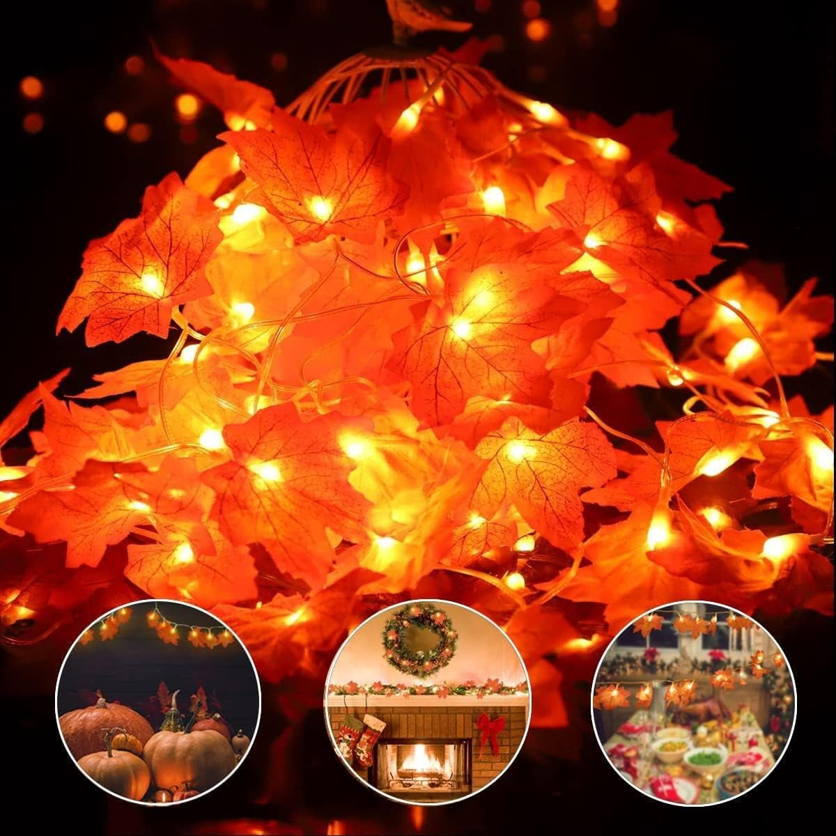 Illuminate Your Thanksgiving with 2-Pack 14.7 Ft Maple Leaf String Lights - 80 Fall Garland Lights with 8 Modes, Waterproof & Battery Operated for Stunning Autumn Decor