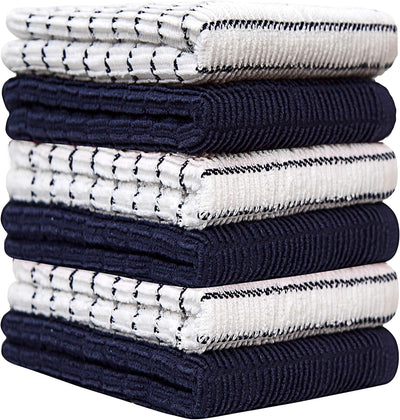 Premium Set of 6 Navy Kitchen Towels - Extra Absorbent 380 GSM Striped Chef Weave Hand Towels - Ideal for Drying Dishes and Everyday Kitchen Use