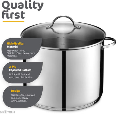 Premium 21-Quart Induction Stock Pot - Heavy-Duty Stainless Steel Soup Pot with Clear Glass Lid, Versatile for All Heat Sources, Dishwasher Safe