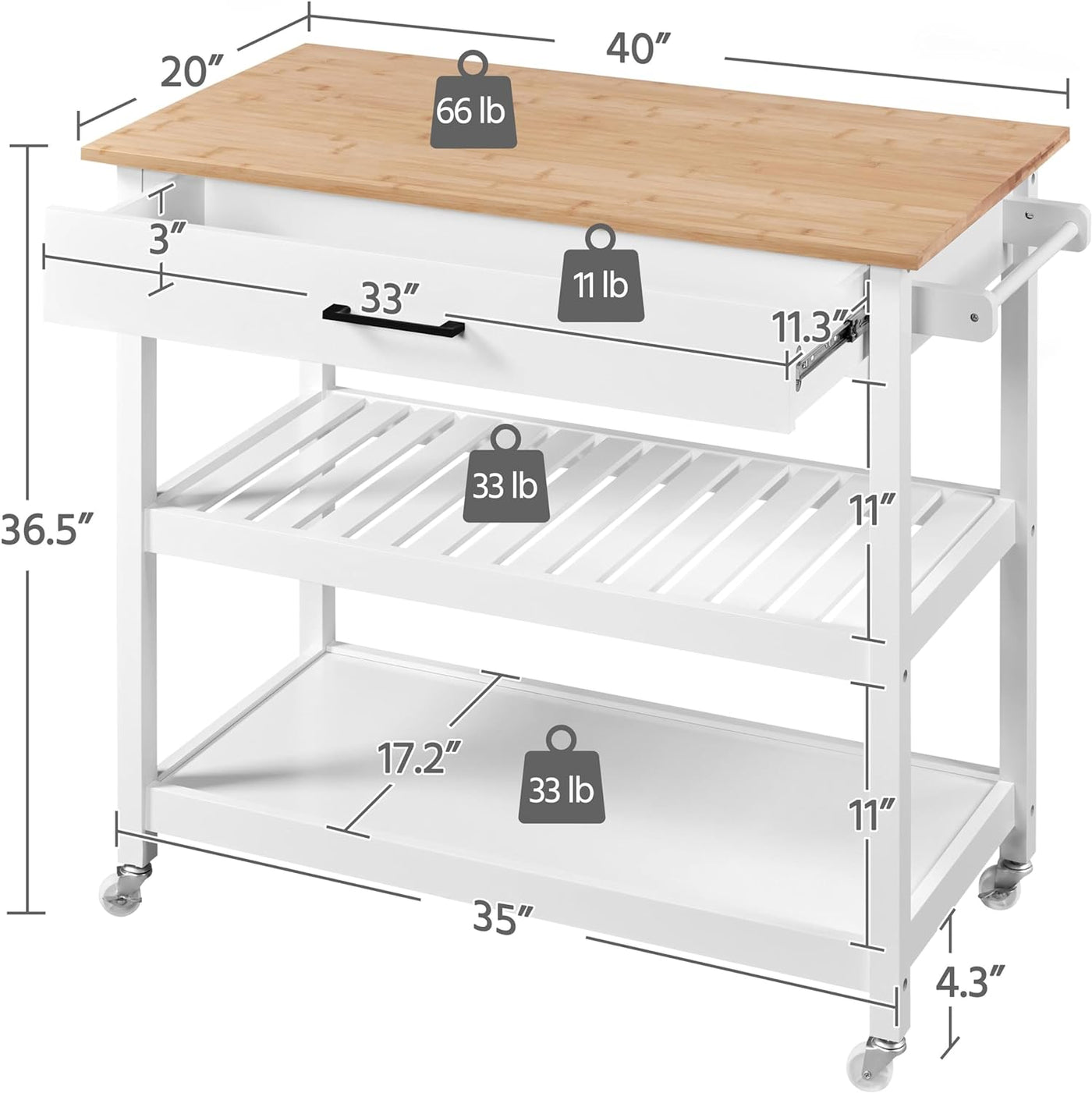 Stylish 40" Rolling Kitchen Island Cart with Solid Wood Top, 3 Tiers and Ample Storage - Perfect for Dining or Entertaining, White Finish