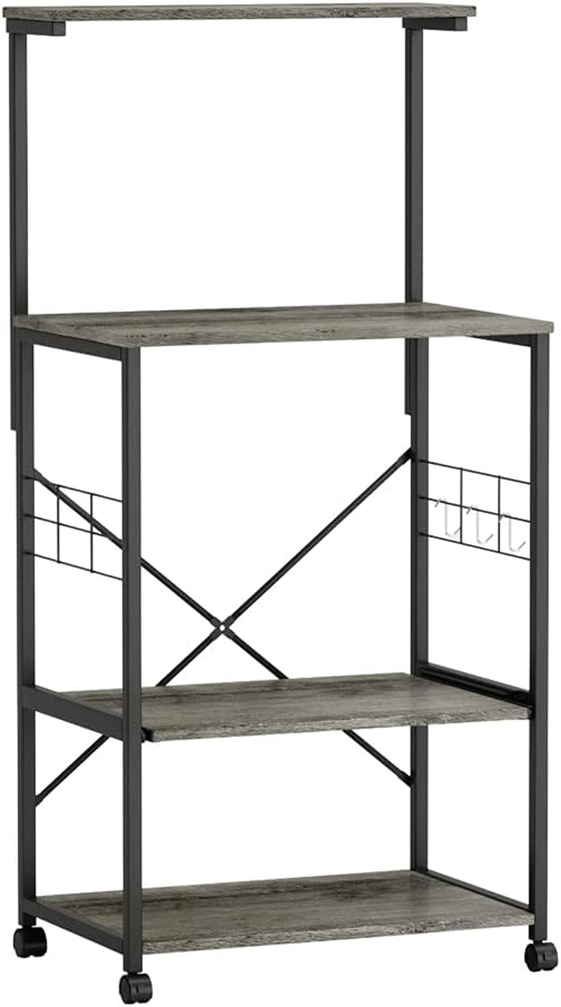 Multifunctional Kitchen Bakers Rack with Rolling Wheels - Stylish Microwave Stand & Utility Storage Cart with 10 Hooks and Adjustable Feet