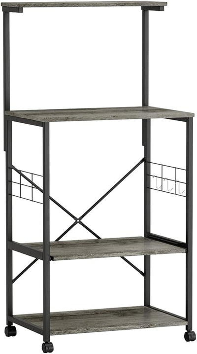 Multifunctional Kitchen Bakers Rack with Rolling Wheels - Stylish Microwave Stand & Utility Storage Cart with 10 Hooks and Adjustable Feet