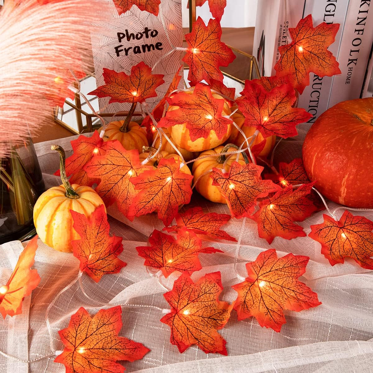 Illuminate Your Thanksgiving with 2-Pack 14.7 Ft Maple Leaf String Lights - 80 Fall Garland Lights with 8 Modes, Waterproof & Battery Operated for Stunning Autumn Decor