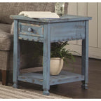 Antique Blue Farmhouse Wood End Table with Drawer – Rustic Rectangular Bedside Side Table