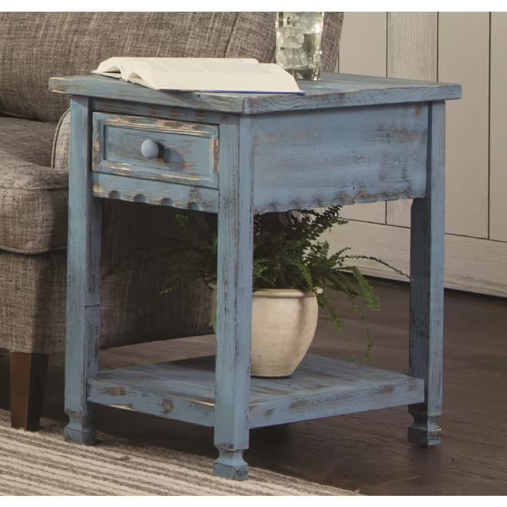 Antique Blue Farmhouse Wood End Table with Drawer – Rustic Rectangular Bedside Side Table