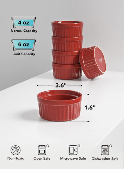 Versatile 4 OZ True Red Ramekins Set of 6 - Oven Safe Creme Brulee, Pudding, Souffle & Dipping Sauce Dishes