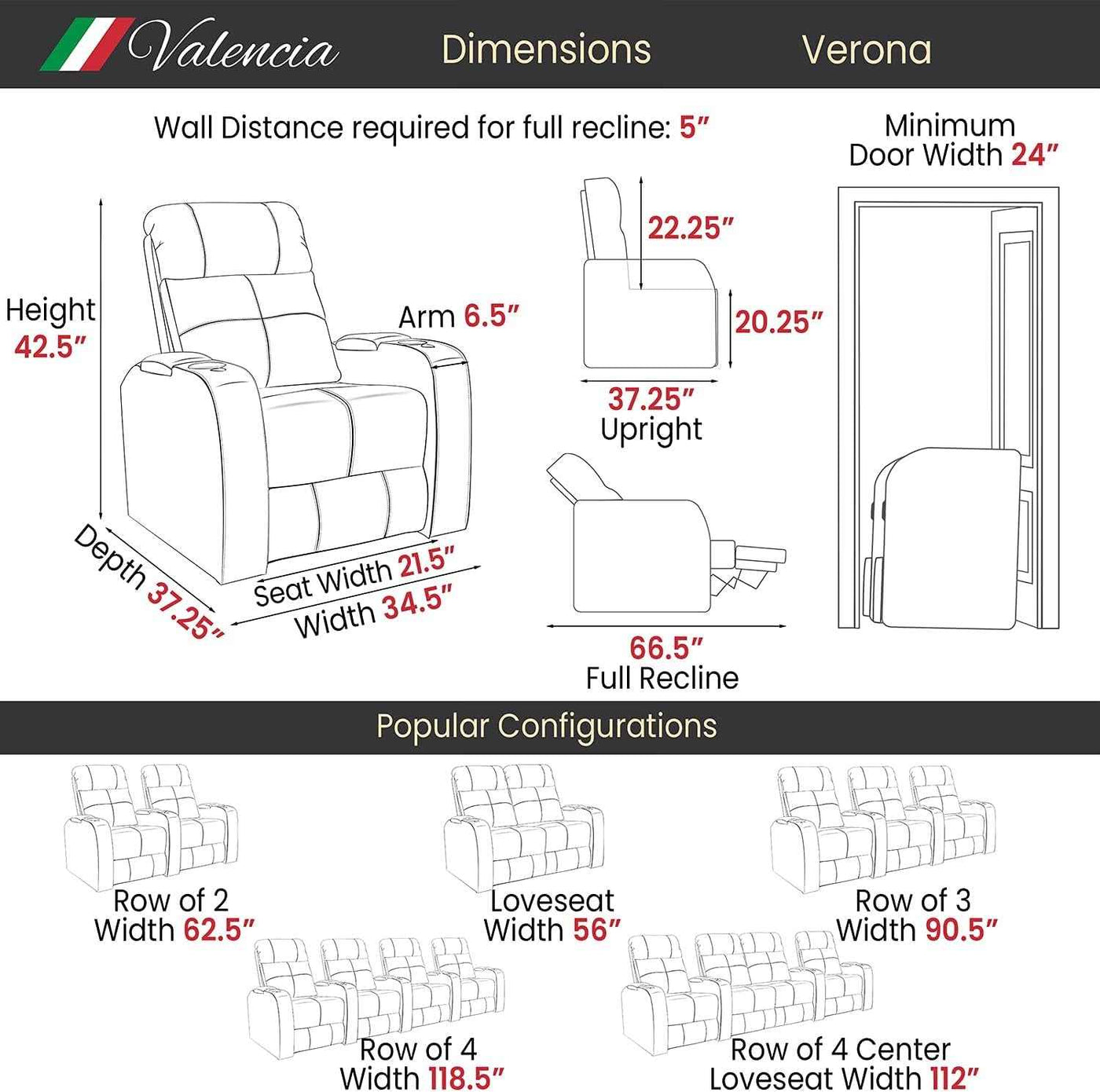 Valencia Verona Home Theater Seating | Premium Top Grain Italian 9000 Leather, Power Recliner, LED Lighting (Row of 2, Black) - GG store