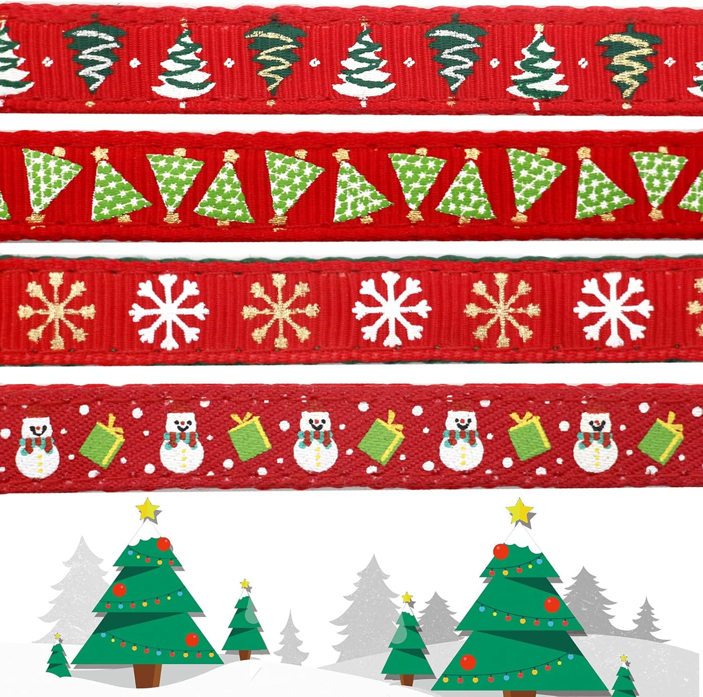 Festive 4-Pack Adjustable Breakaway Kitten Collars with Bells - Adorable Green Tree, Snowflake & Snowman Designs for Christmas and New Year