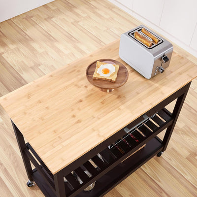 Versatile Bamboo Top Kitchen Island on Wheels - 3-Tier Rolling Cart with Drawer & Wine Storage, Espresso Finish, Perfect for Serving & Microwave Use, 20" D X 40" W