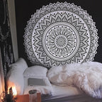 Bohemian mandala floral wall hanging tapestry by Cavira, square polyester decor for bedroom, living room, and boho home decor.