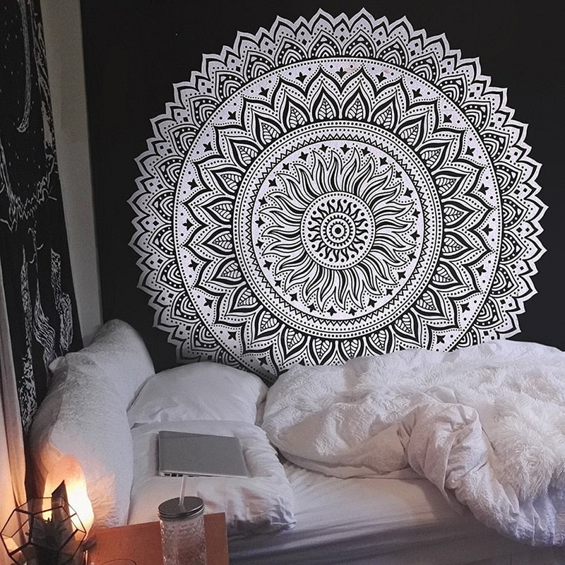 Bohemian mandala floral wall hanging tapestry by Cavira, square polyester decor for bedroom, living room, and boho home decor.