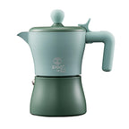Cavira Moka Pot stovetop espresso maker in vibrant colors, made of stainless steel, suitable for gas, electric, and induction stovetops.