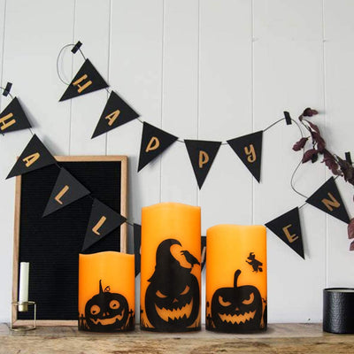 Spooky Halloween Flameless Candles - LED Flickering Pillar Set with Pumpkin Decals, 6H Timer | Perfect Fall Festival Party Decor - Set of 3 (D 3” X H 4”, 5”, 6”)