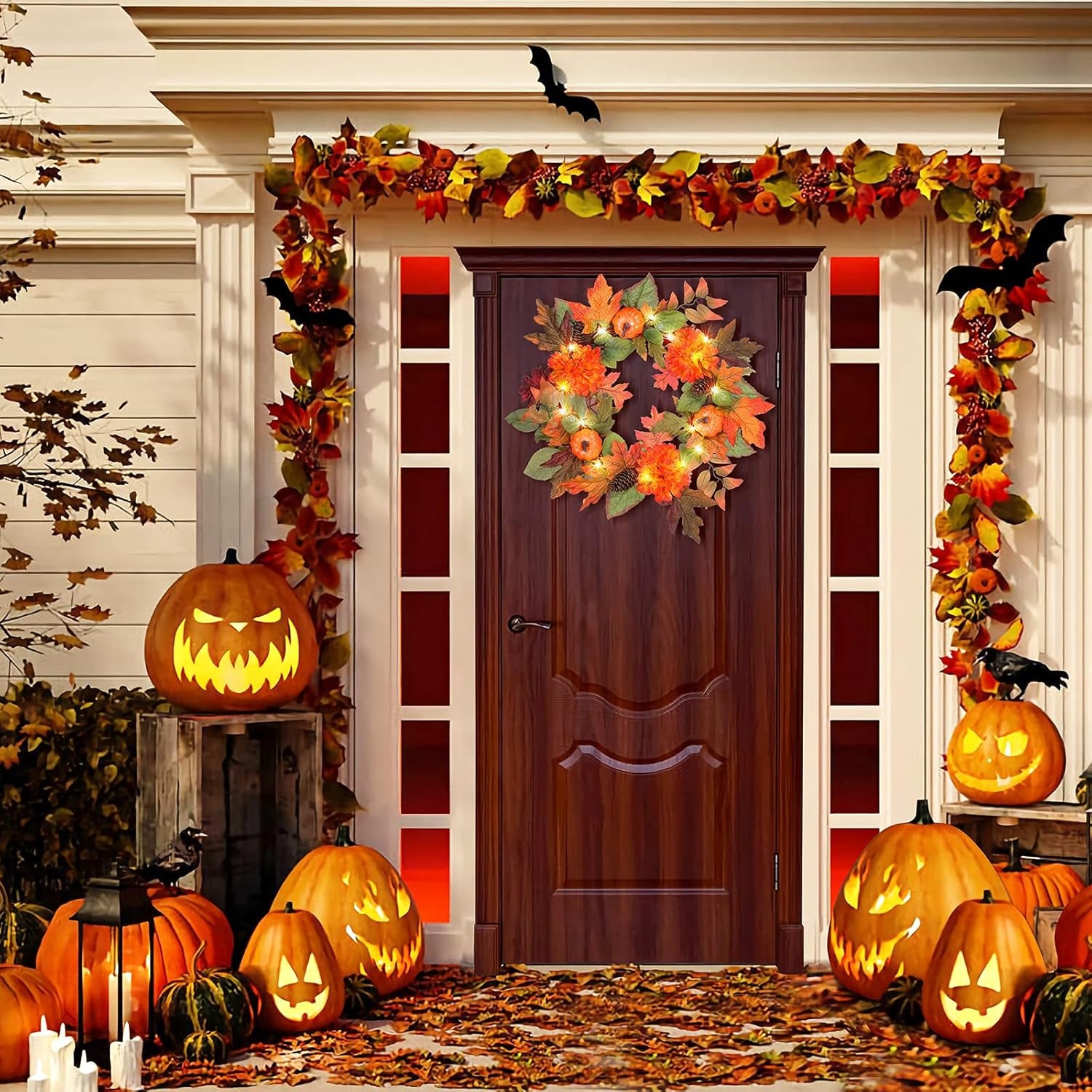 20” Pre-Lit Autumn Fall Door Wreath with Timer – LED Seasonal Front Door Decoration