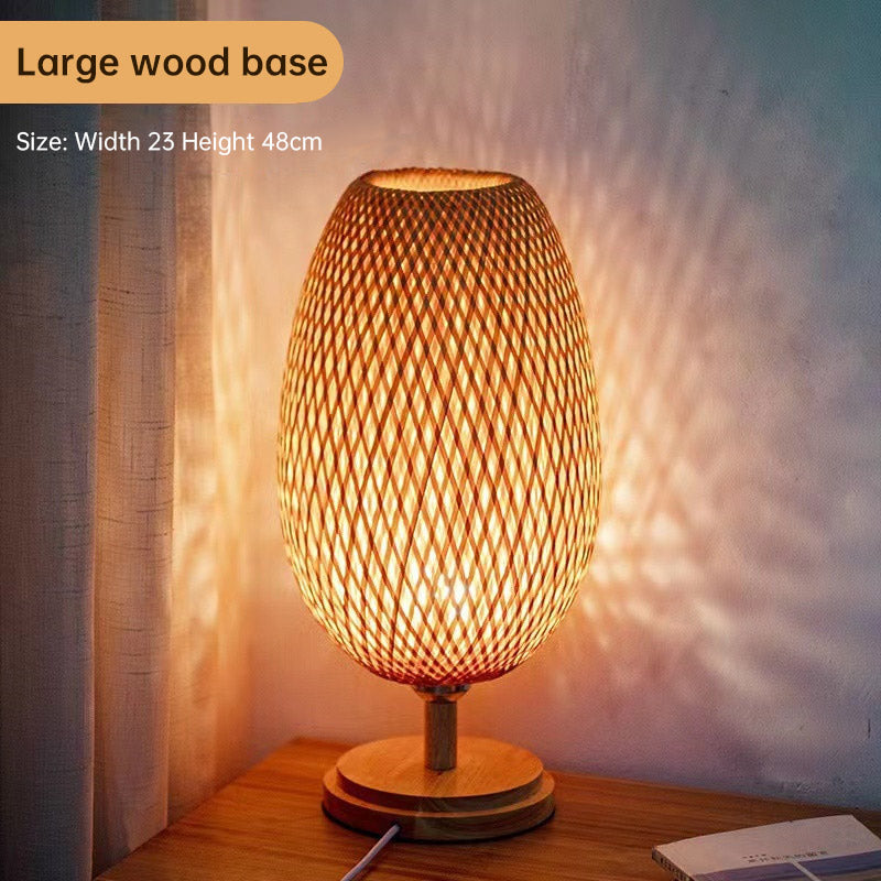 Bamboo woven LED desk lamp by Cavira with warm, tricolor, dimmable light and remote control, suited for bedroom or living room.