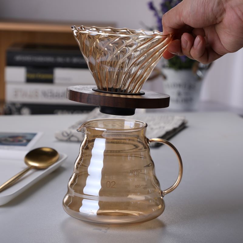 Cavira glass pour-over coffee dripper and cloud pot set with colorful filter cup, wooden tray, minimalist Japanese coffee accessory