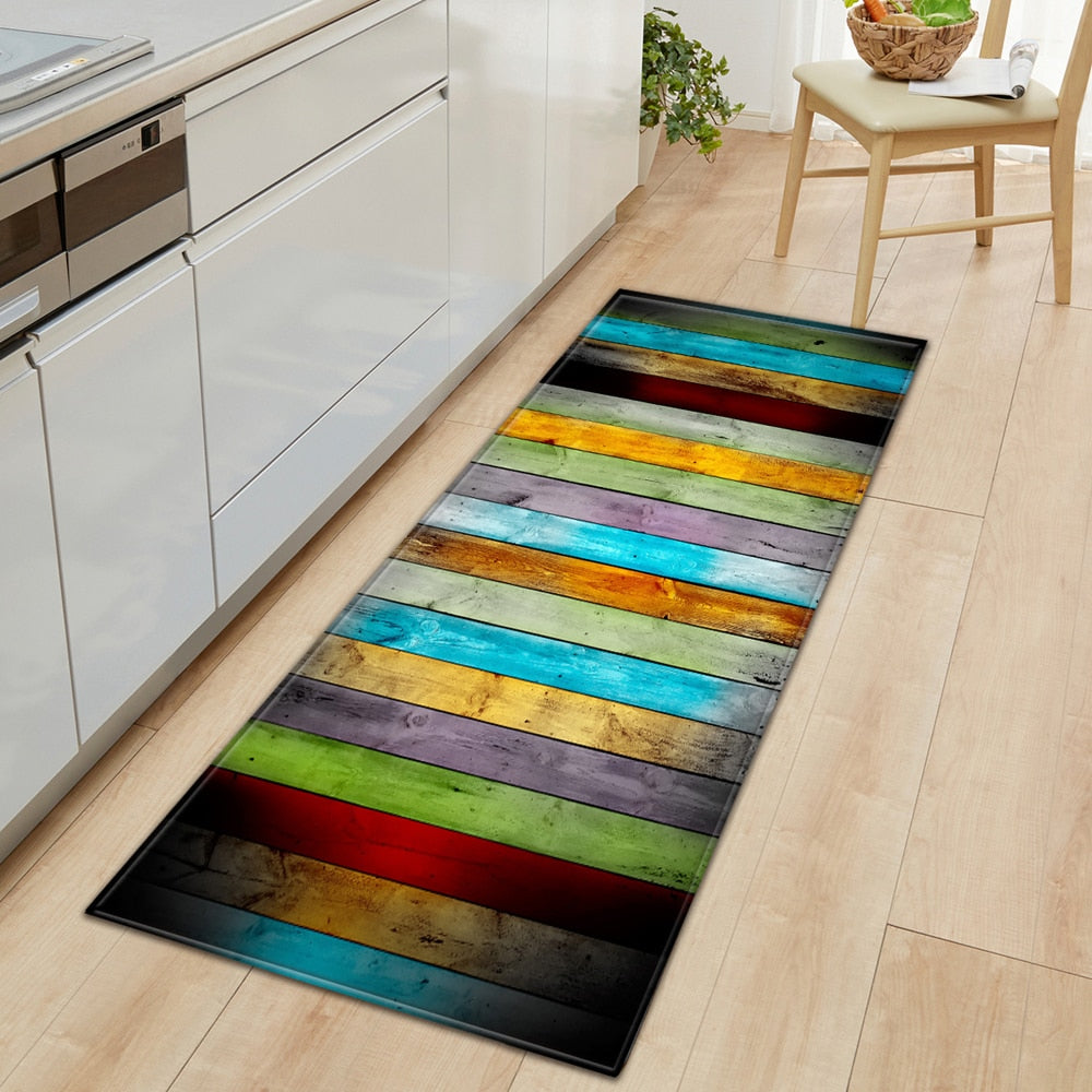 Nordic wood grain print anti-slip floor mat by Cavira in four sizes and colors, ideal for kitchen, bathroom, hallway, or bedroom.