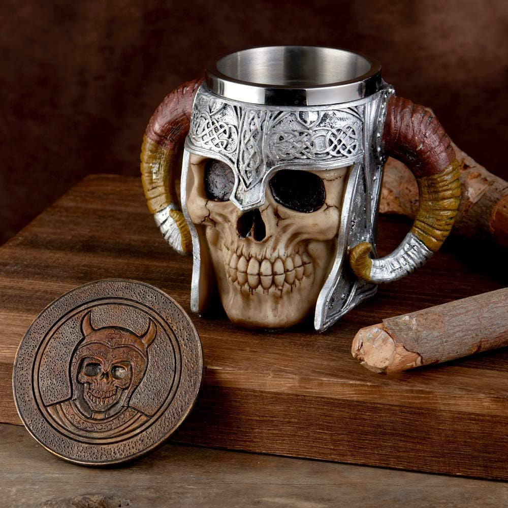 Stainless Steel Viking Skull Mug & Coaster Set - Double Handle Horn Tankard for Beer, Coffee & Beverages - 17oz Medieval Drinkware