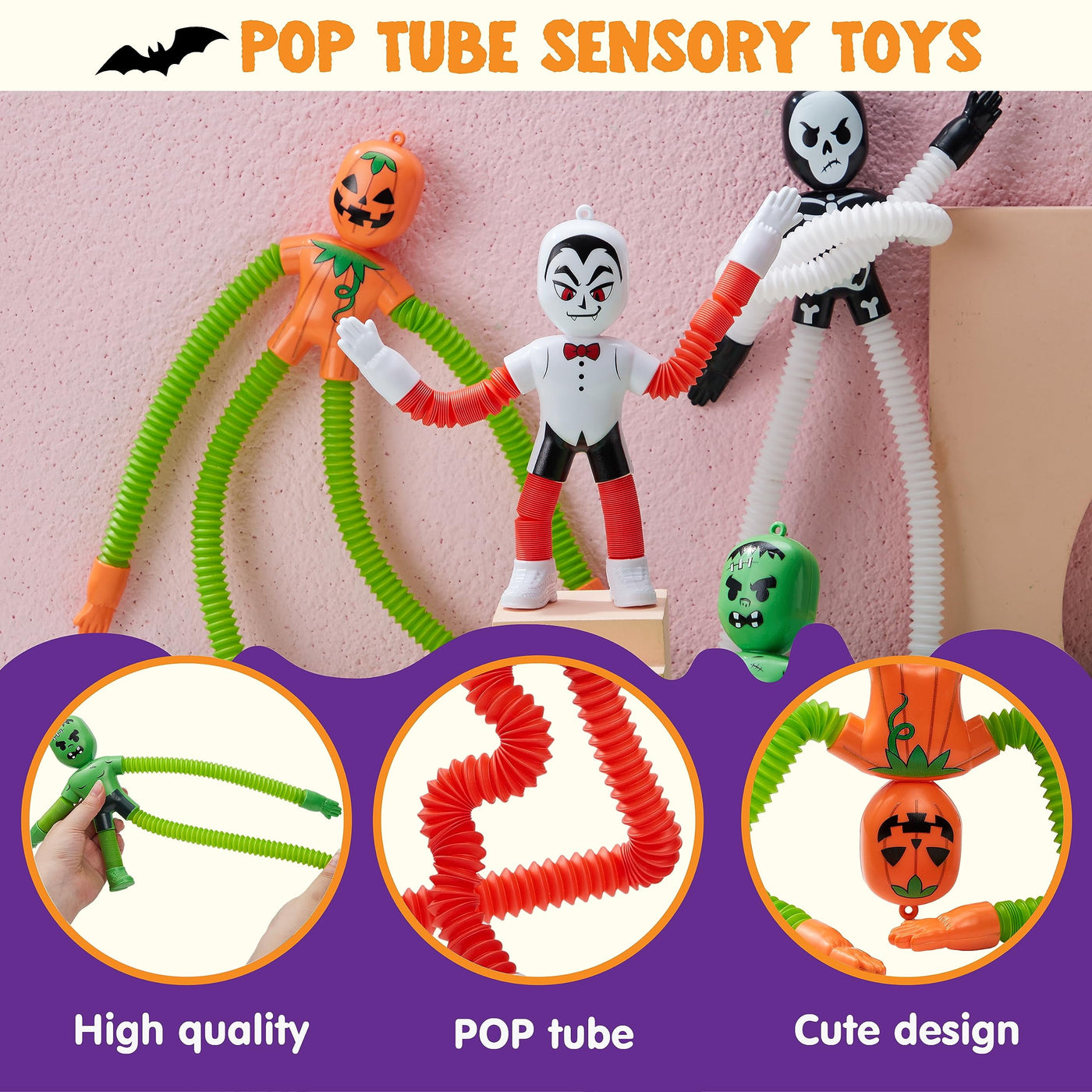 Spooktacular 4-Pack Halloween Sensory Stretchy Fidget Toys - Telescopic Pop Tubes for Party Favors & Goody Bags! Perfect for Classroom Prizes!