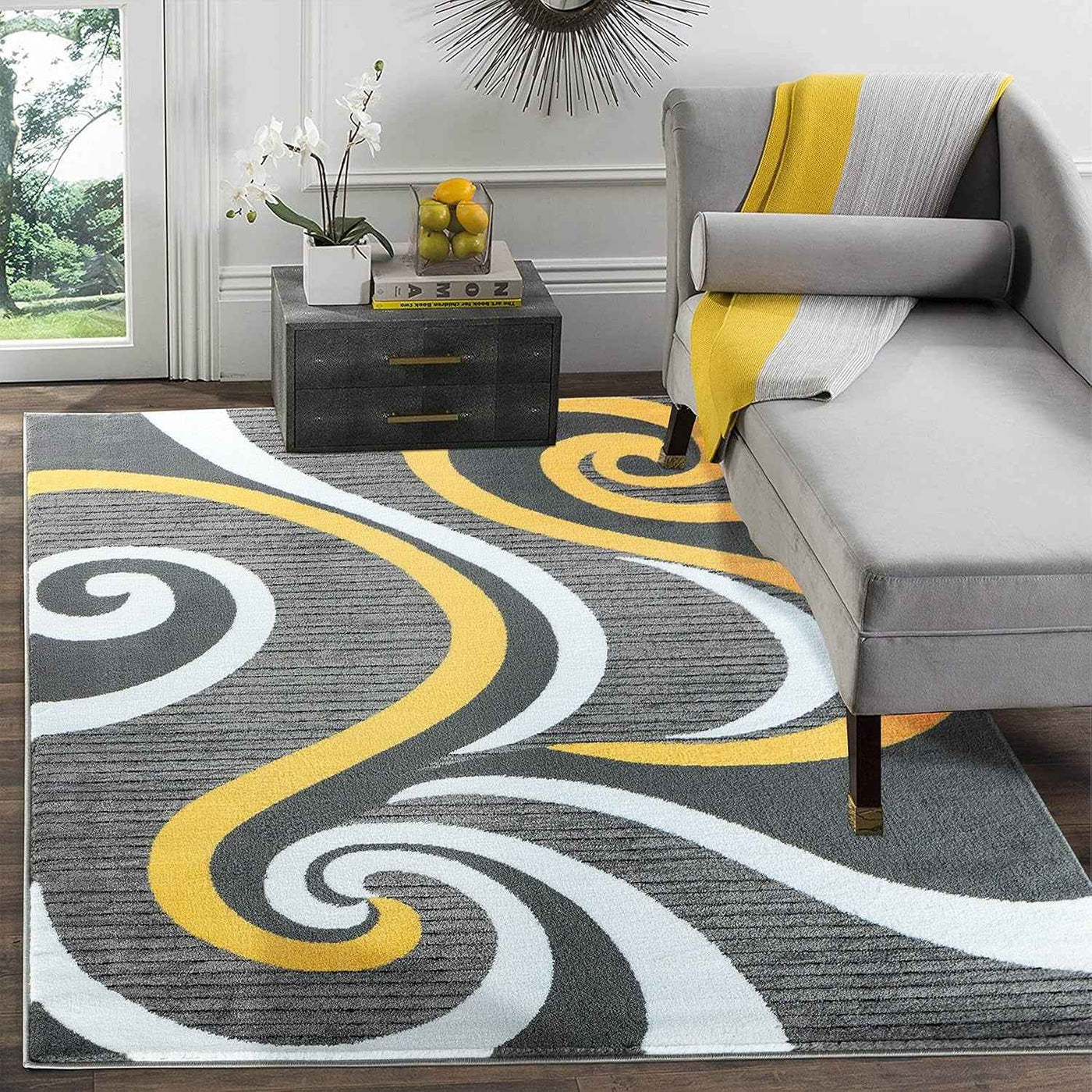 Modern Area Rug Swirls Carpet for Bedroom, Living Room & Dining - Sevilla Collection 4817A (Yellow, 4X6) - GG store
