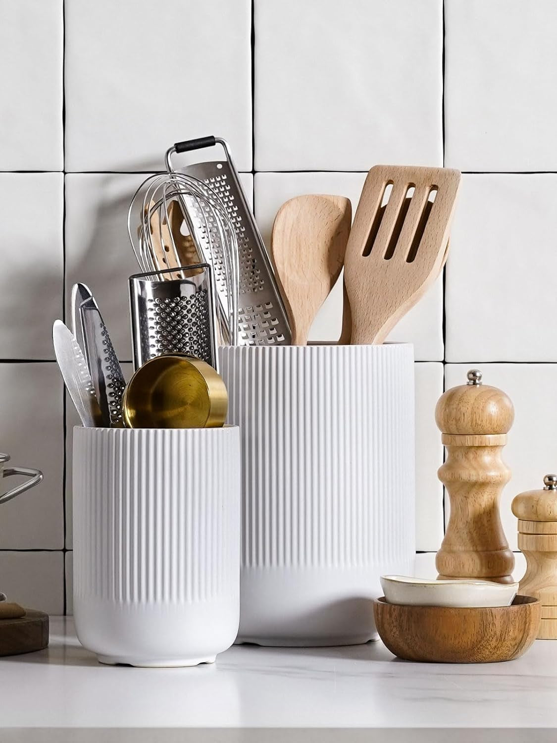 Stylish Ceramic Utensil Holder Set - 7.3" & 5.4" Kitchen Organizers for Spatula and Cooking Tools - Modern Countertop Decor in Elegant White