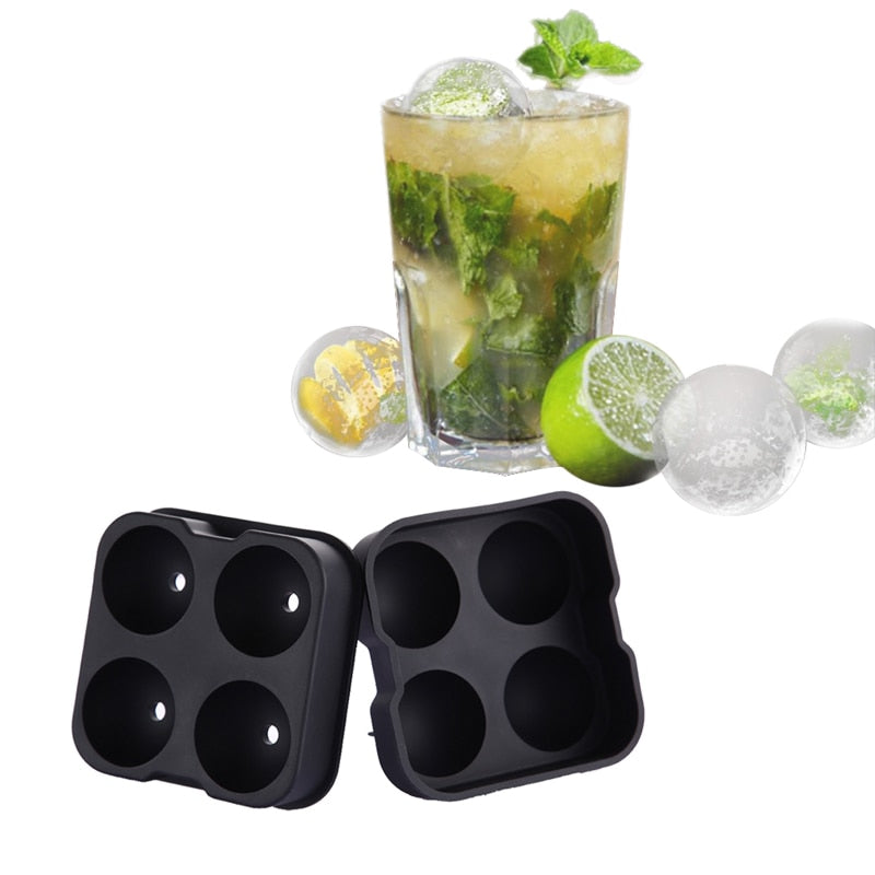 Cavira 4-cavity silicone ice ball mold making four large 4.5cm ice spheres for whiskey and cocktails, leak-free sealed tray.