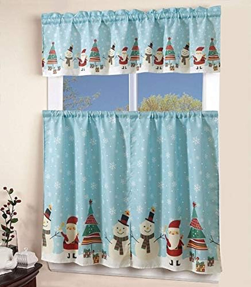 Festive North Pole Christmas Kitchen Curtain Set - 3 Piece Linen Decor with Santa, Snowman, and Snowflakes Design