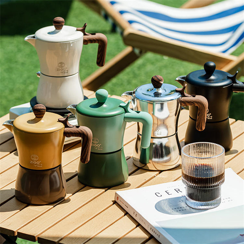Cavira Moka Pot stovetop espresso maker in stainless steel, compatible with gas, electric, and induction, with colorful options.