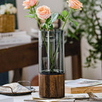 Rustic Nordic wooden glass vase with smoke grey finish by Cavira, perfect for floral decor in living rooms and dining tables.