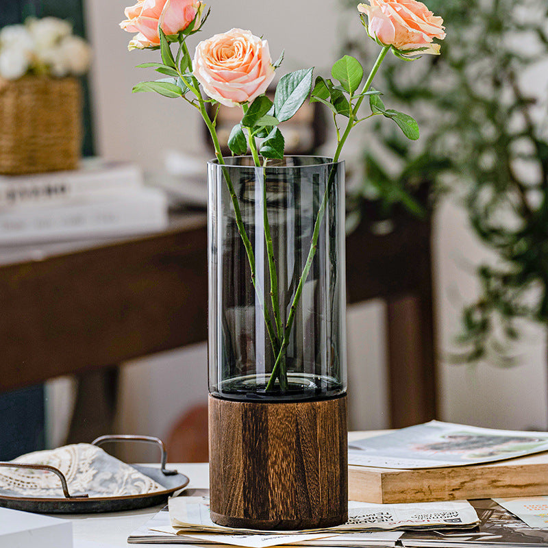 Rustic Nordic wooden glass vase with smoke grey finish by Cavira, perfect for floral decor in living rooms and dining tables.