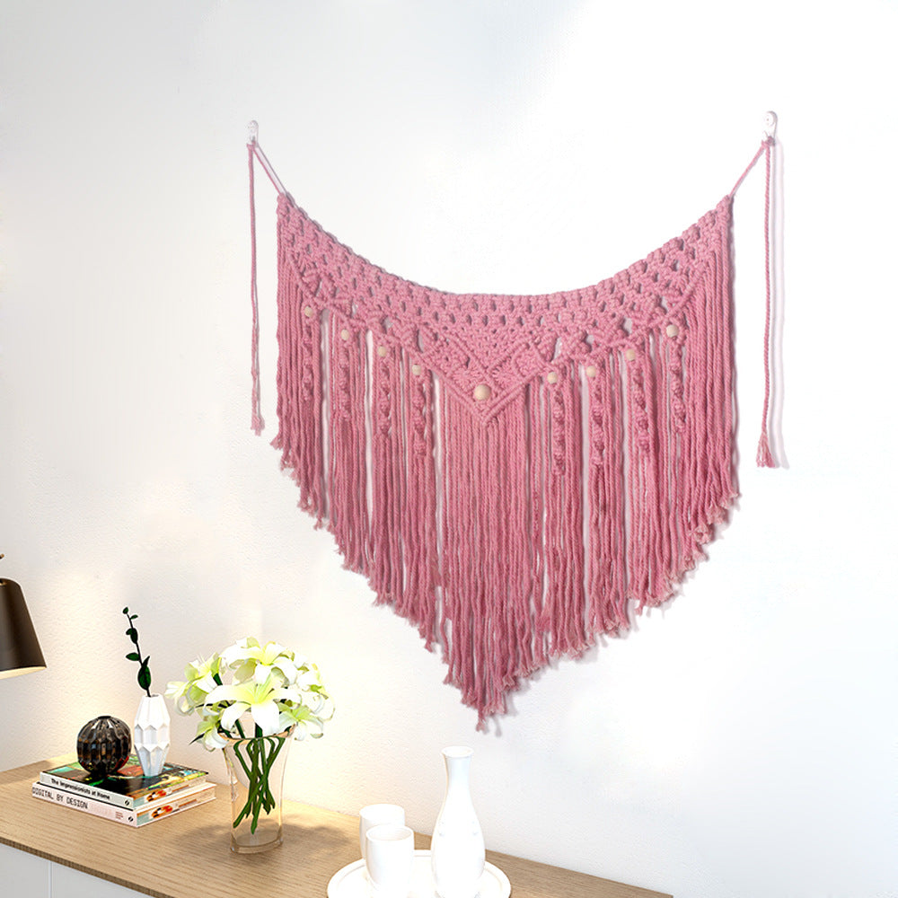 Pink bohemian cotton woven wall tapestry by Cavira, featuring hanging basket weave design for bedroom, sofa background, or wedding decor.