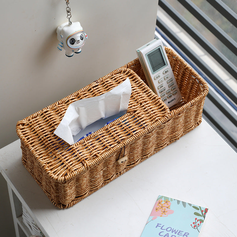 Dark and light plastic rattan-style tissue and remote control storage box, multifunctional organizer for living and dining rooms.