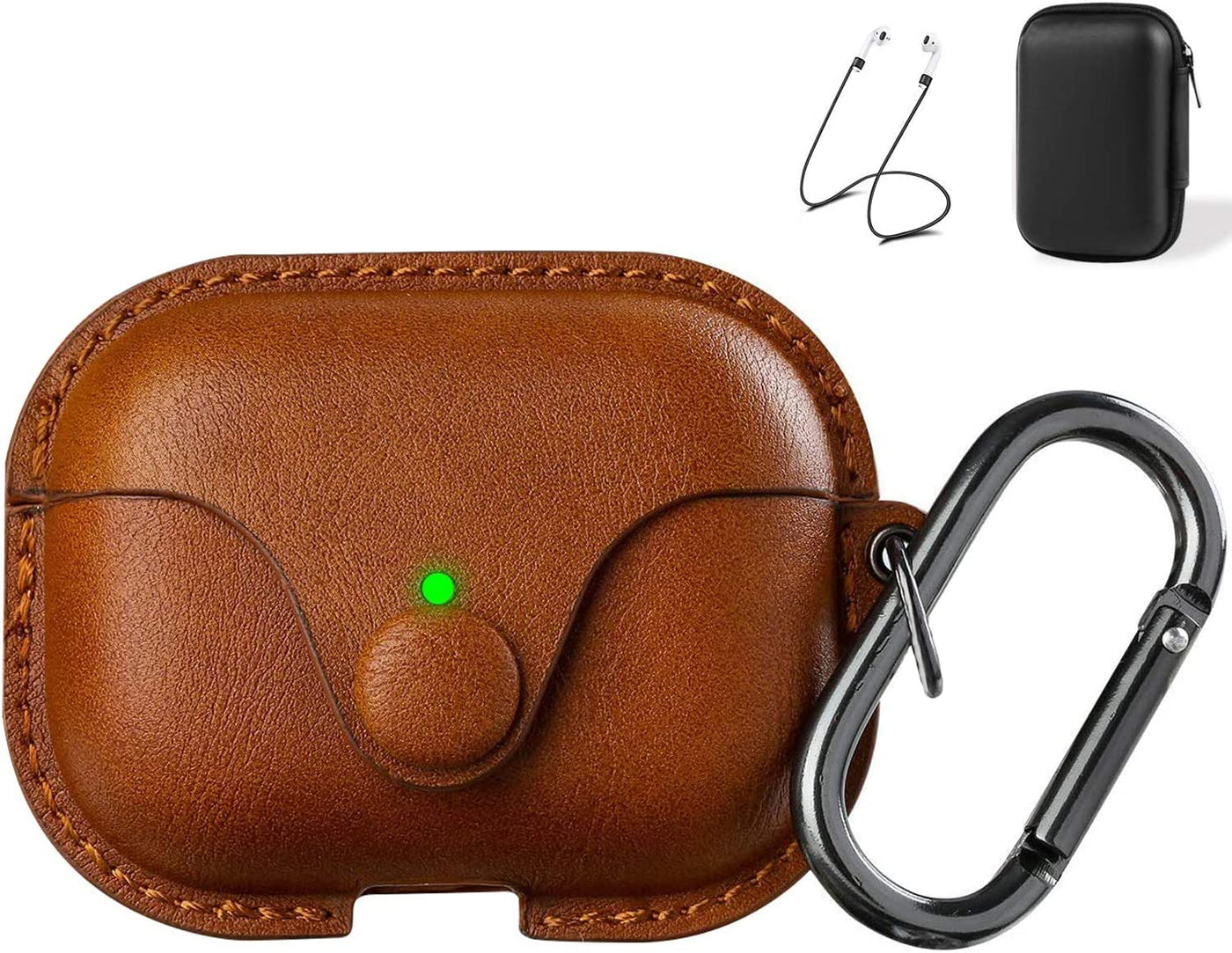 Premium Brown Leather Case for AirPods Pro 2 - Stylish Cover with Keychain & Strap, Front LED Visible, Compatible with 2019/2022/2023 Models