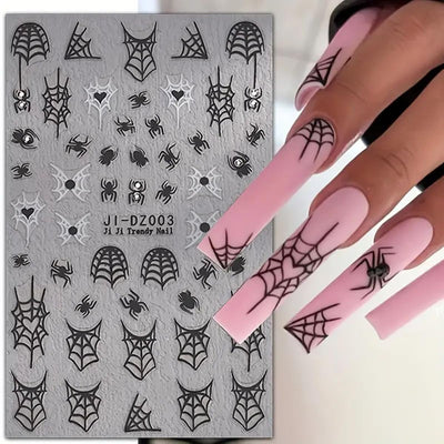 Spook-tacular 3D Halloween Nail Art Stickers - Set of 3 with Rhinestones: Spider Web, Skull & Ghost Designs for Glamorous Manicure Decor!
