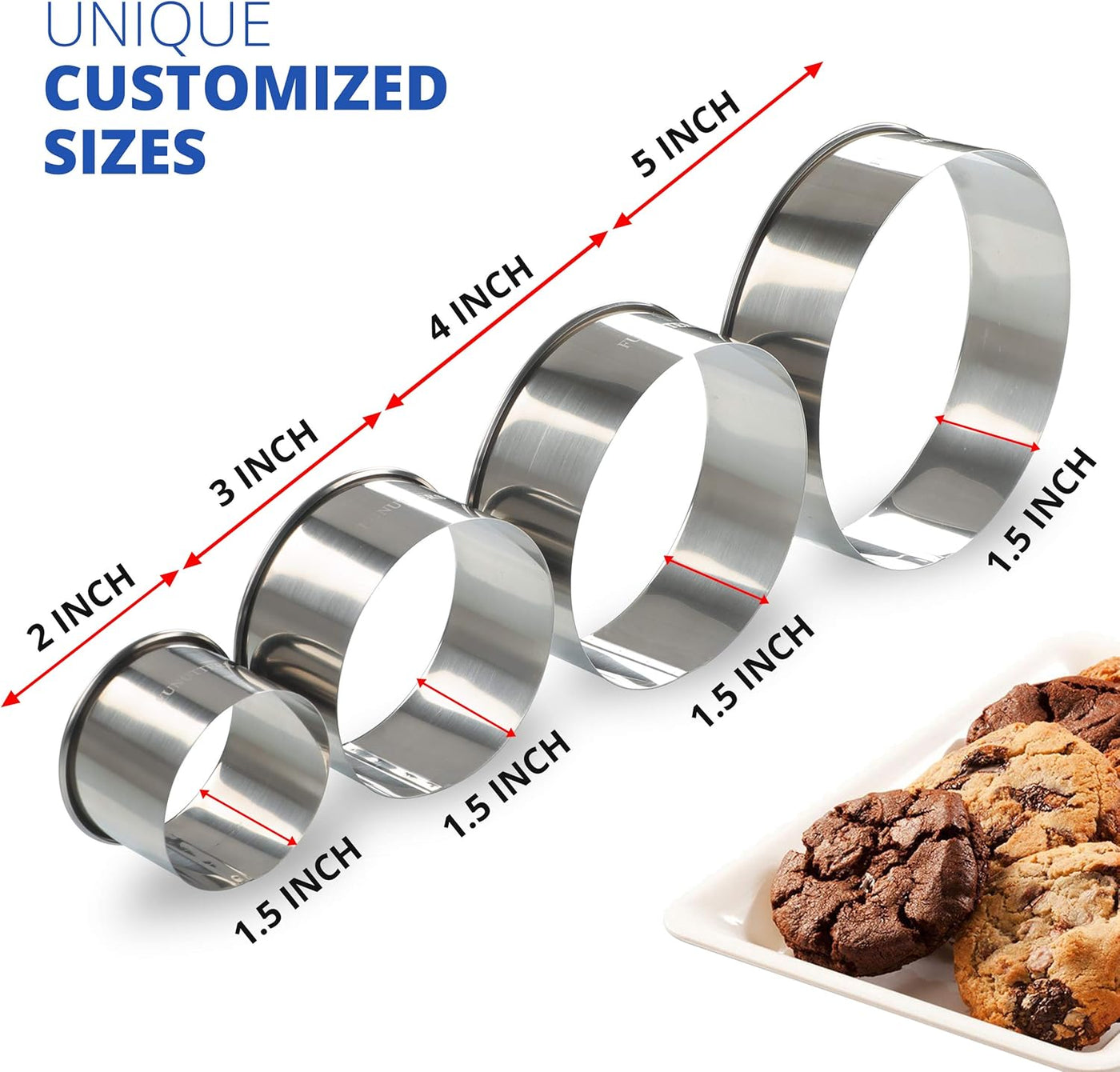 Versatile 4-Piece Round Cookie Cutter Set - Heavy Duty Metal Baking Rings (2'', 3'', 4'', 5'') for Perfect Pastries, Biscuits & Dough! Reusable and Durable!