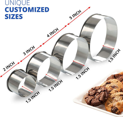 Versatile 4-Piece Round Cookie Cutter Set - Heavy Duty Metal Baking Rings (2'', 3'', 4'', 5'') for Perfect Pastries, Biscuits & Dough! Reusable and Durable!