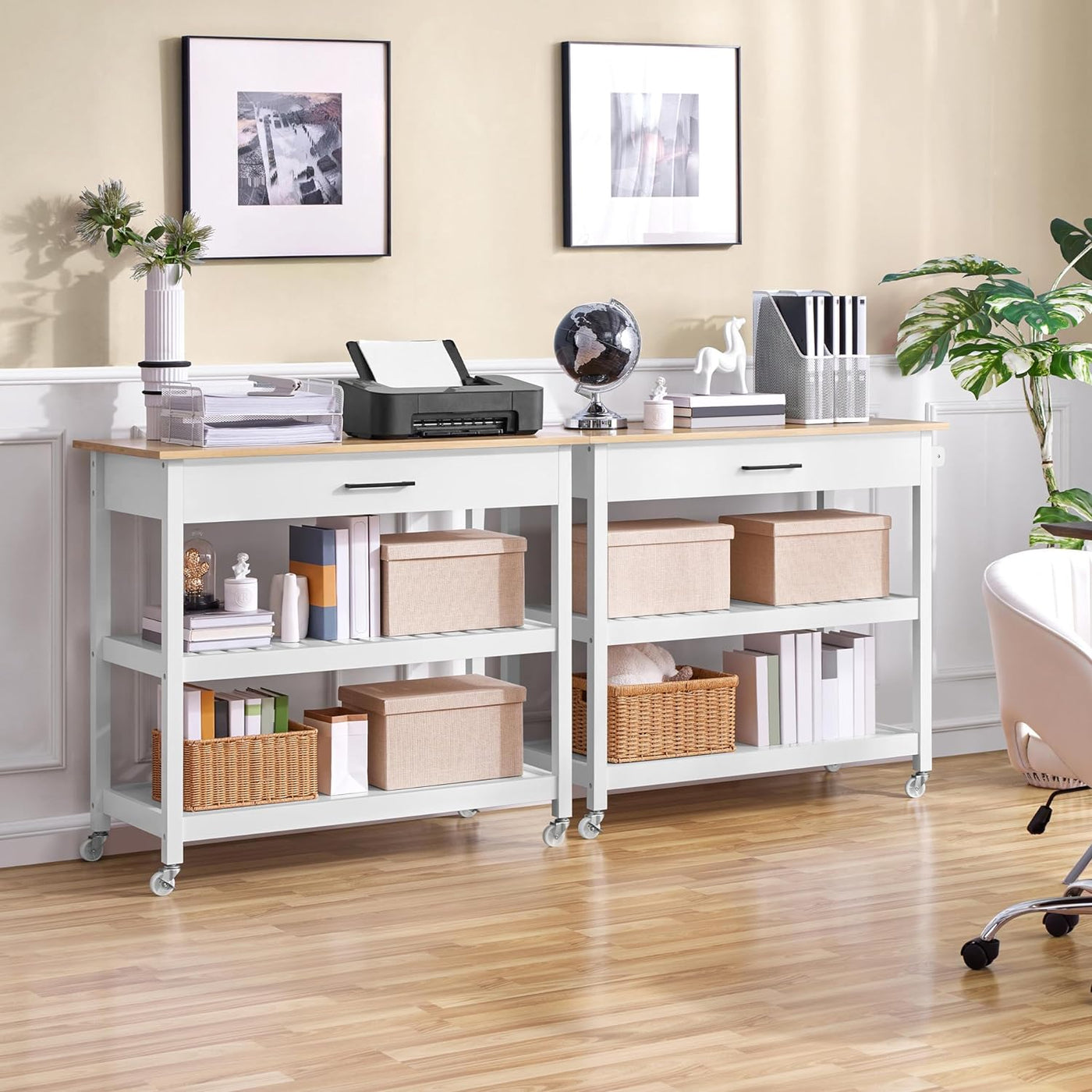 Stylish 40" Rolling Kitchen Island Cart with Solid Wood Top, 3 Tiers and Ample Storage - Perfect for Dining or Entertaining, White Finish