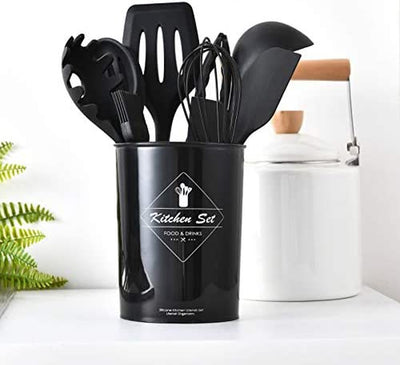 Premium Heat-Resistant Silicone Kitchen Utensil Set with Stylish Black Holder - Non-Stick Cooking Tools