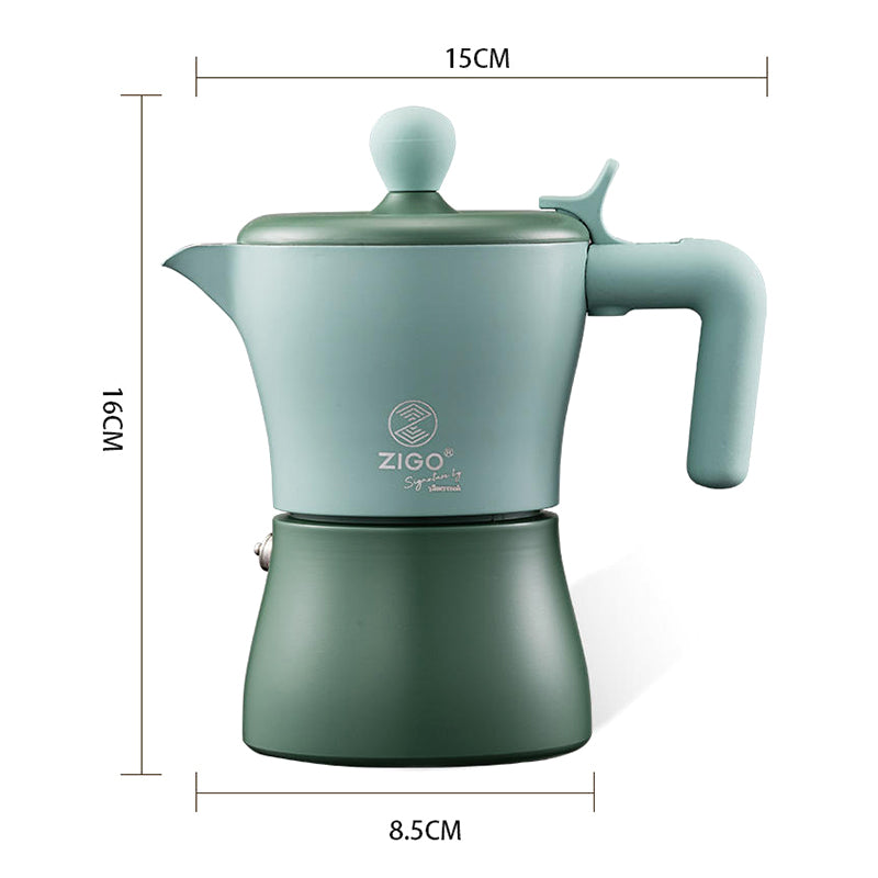 Cavira Moka Pot stovetop espresso maker in stainless steel, with a sleek design for rich Italian-style coffee brewing at home.