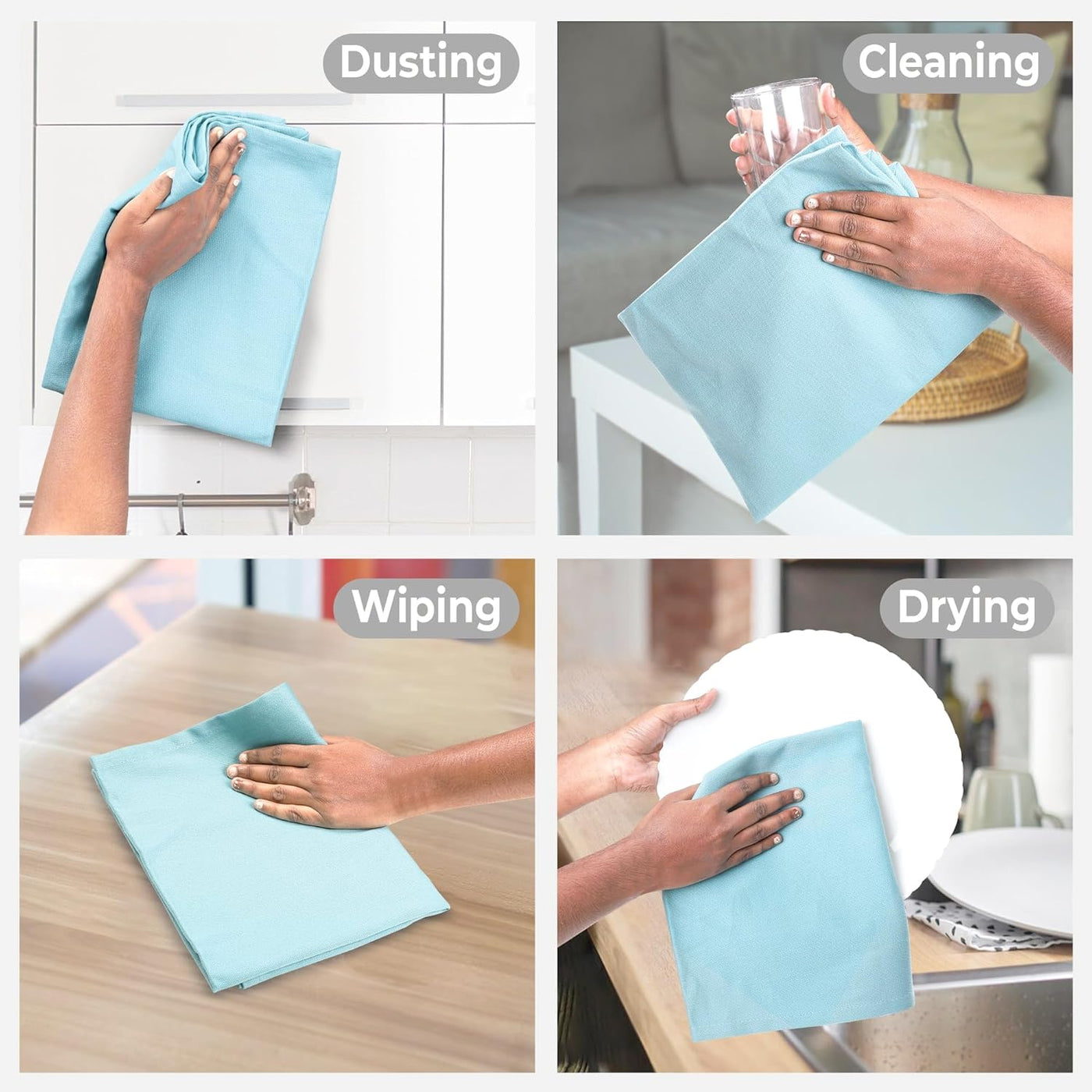 Premium Aqua 100% Cotton Dish Towels - Extra Absorbent Kitchen Cloths (Set of 6, 20x30 Inches) with Convenient Hanging Loop for Multi-Purpose Cleaning