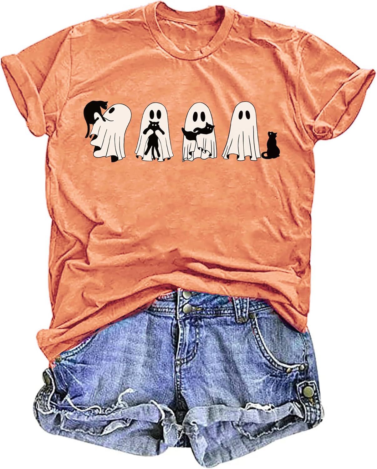Cotton Halloween Ghost Cat Shirts for Women