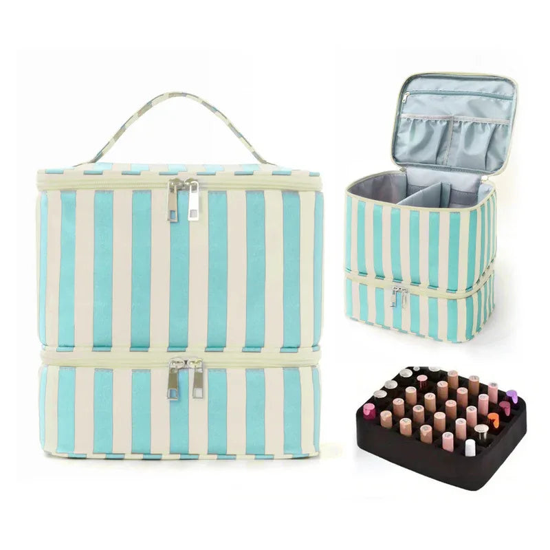 Eprolo 30-compartment nail polish organizer bag with double layers, portable manicure storage case for nail care and essential oils.