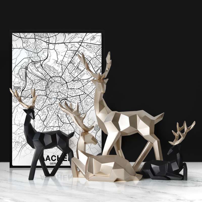 Eprolo Fortune Deer resin figurine in black, gold, and white, sitting and standing modern minimalist home decor, 17x6.5x18cm and 17x5.5x30cm