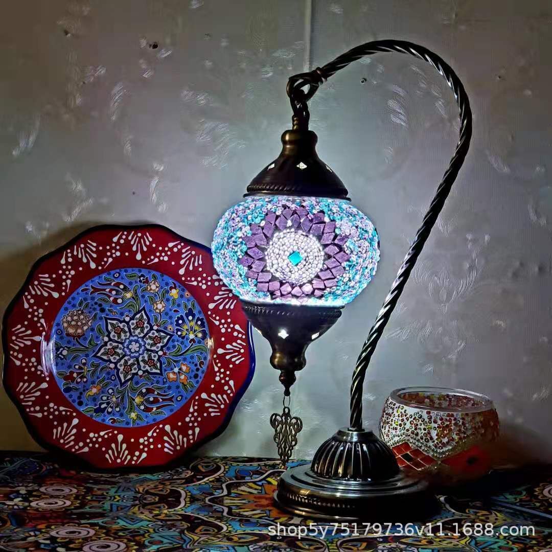 Moroccan Mosaic Glass Table Lamp by Cavira, handcrafted stained glass with bronze iron, 22cm x 38cm, featuring 16 decorative designs.