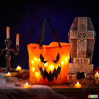 2 Pcs Halloween Candy Bag,Led Light Pumpkin Candy Buckets for Kids,Halloween Trick or Treat Bucket with Pumpkin Smile Face for Halloween Party Favors Goodie Bags