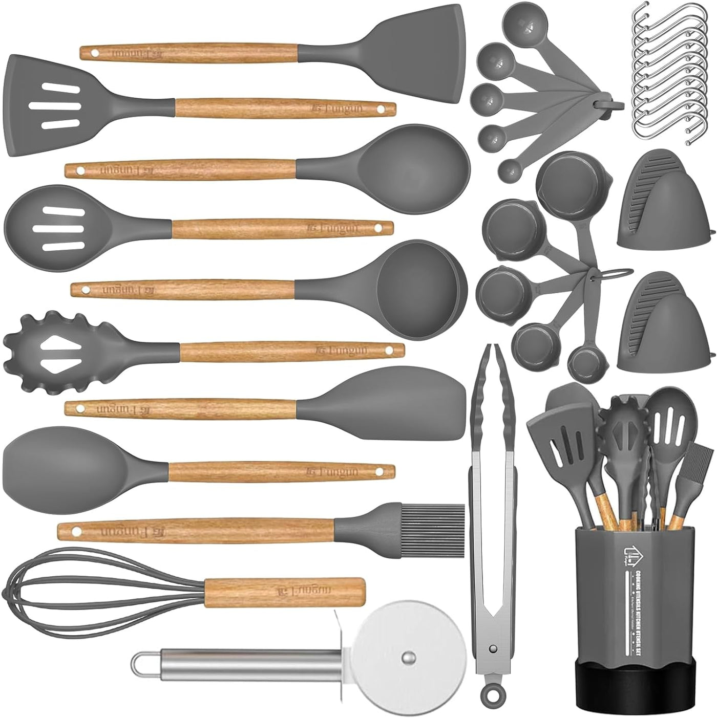 Premium 35-Piece Silicone Cooking Utensil Set - Non-Stick, Heat Resistant Kitchen Tools with Natural Wooden Handles - Stylish Gray Design